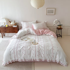 Embroidered French Lace Ruffle Bedding Set - Pink