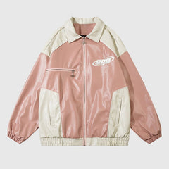 Chaqueta de cuero con bordado de letras y patchwork retro