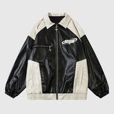 Chaqueta de cuero con bordado de letras y patchwork retro