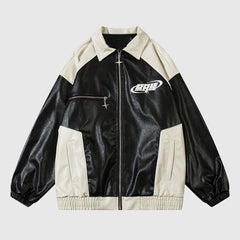 Chaqueta de cuero con bordado de letras y patchwork retro