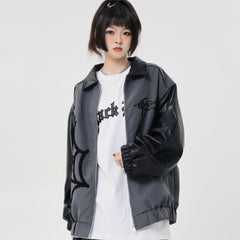 Hip-Hop-Lederjacke mit Spinnenstickerei