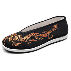 Men's Soft Bottom Chinese Embroidery Style Retro Yellow Black Dragon Canvas Shoes