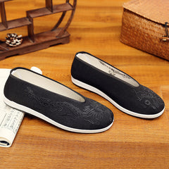 Men's Soft Bottom Chinese Embroidery Style Retro Yellow Black Dragon Canvas Shoes