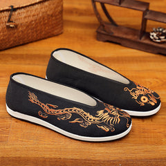 Men's Soft Bottom Chinese Embroidery Style Retro Yellow Black Dragon Canvas Shoes