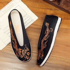 Men's Soft Bottom Chinese Embroidery Style Retro Yellow Black Dragon Canvas Shoes