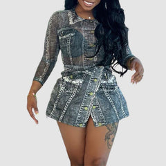 Set aus bedrucktem Denim-Netzbody und Minirock