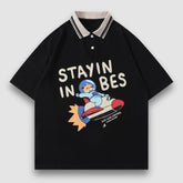 Camiseta con solapa estampada de nave espacial de dibujos animados