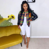 Chaqueta de cuadros con patchwork de PU