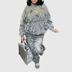 Denim-Kapuzenpullover-Set mit Buchstabenstickerei