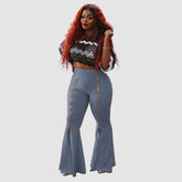 Figurbetonte Schlaghose mit hoher Taille und Reißverschlussdekor