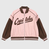 Chaqueta de béisbol corta retro con bloques de color rosa