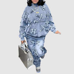 Denim-Kapuzenpullover-Set mit Buchstabenstickerei