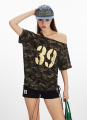 Camouflage Off-Shoulder Short-Sleeved