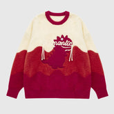 Contrast color patchwork dinosaur crew neck sweater