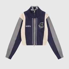 Kurzer Pullover mit Farbblockdesign, Stickerei und Reißverschluss am Kragen