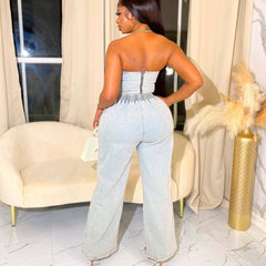 Conjunto de top corto sin tirantes de mezclilla y pantalón largo