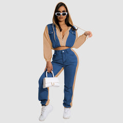 Conjunto de chaqueta con capucha y patchwork de mezclilla