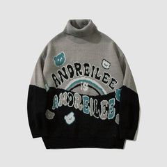 Rollkragenpullover mit Regenbogen- und Bärenmuster