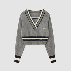 Suéter corto falso de dos rayas con cuello en V