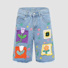 Shorts vaqueros de cintura alta con patchwork de crochet