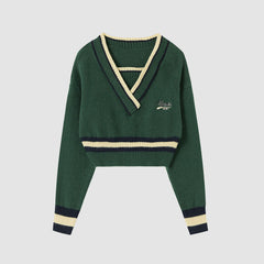 Suéter corto falso de dos rayas con cuello en V