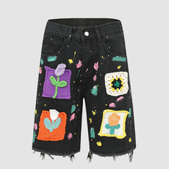 Shorts vaqueros de cintura alta con patchwork de crochet