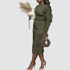 Vestidos de color liso con mangas fruncidas y cordón ajustable