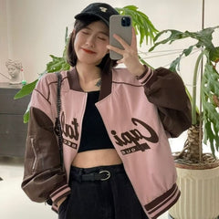 Kurze Baseballjacke im Retro-Farbblockdesign in Pink