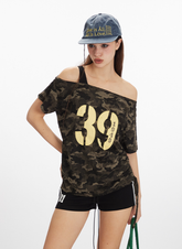 Camouflage Off-Shoulder Short-Sleeved