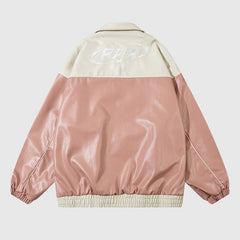 Chaqueta de cuero con bordado de letras y patchwork retro