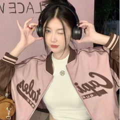 Kurze Baseballjacke im Retro-Farbblockdesign in Pink