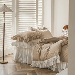Amelia Ruffled Lace Washed Cotton Bedding Set - White & Brown