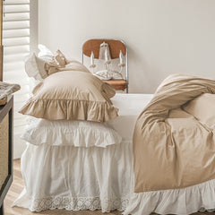 Amelia Ruffled Lace Washed Cotton Bedding Set - White & Brown