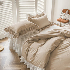 Amelia Ruffled Lace Washed Cotton Bedding Set - White & Brown