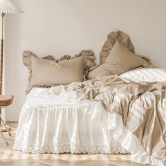 Amelia Ruffled Lace Washed Cotton Bedding Set - White & Brown