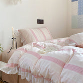Cecilia Lace Ruffle Double Gauze Striped Bedding Set - Pink