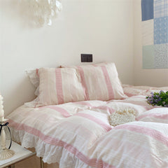 Cecilia Lace Ruffle Double Gauze Striped Bedding Set - Pink