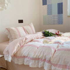 Cecilia Lace Ruffle Double Gauze Striped Bedding Set - Pink