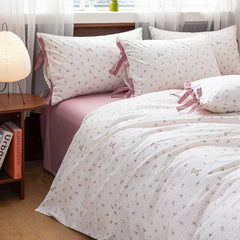 Celia Cottage Ribbon Bow Tie Floral Bedding Set - Pink