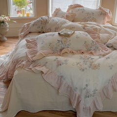 Millie Lace Ruffle Floral Bedding Set - Beige
