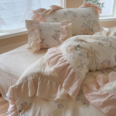 Millie Lace Ruffle Floral Bedding Set - Beige