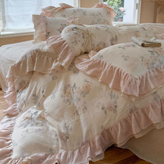 Millie Lace Ruffle Floral Bedding Set - Beige