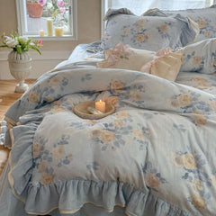 Millie Lace Ruffle Floral Bedding Set - Blue