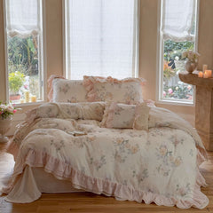 Millie Lace Ruffle Floral Bedding Set - Beige