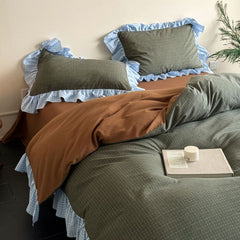 Sadie Gingham Lace Ruffle Bedding Set - Green