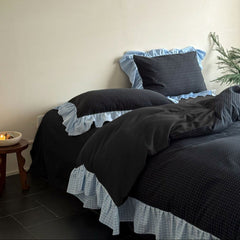 Sadie Gingham Lace Ruffle Bedding Set - Black