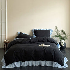 Sadie Gingham Lace Ruffle Bedding Set - Black