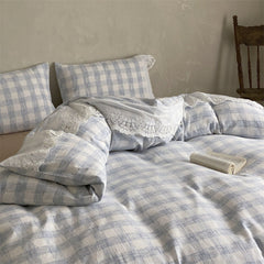 June Lace Double Gauze Gingham Bedding Set - Blue