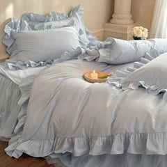 Lacey Lace Ruffle Washed Cotton Bedding Set - Blue
