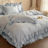 Lacey Lace Ruffle Washed Cotton Bedding Set - Blue